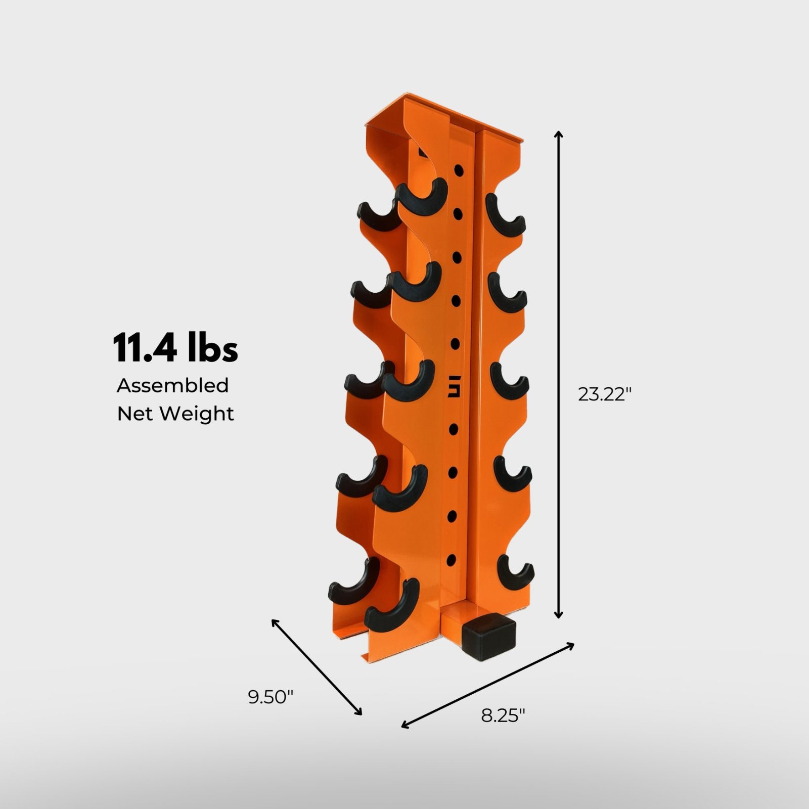 orange charlie 5-tier vertical dumbbell storage rack and its product dimensions