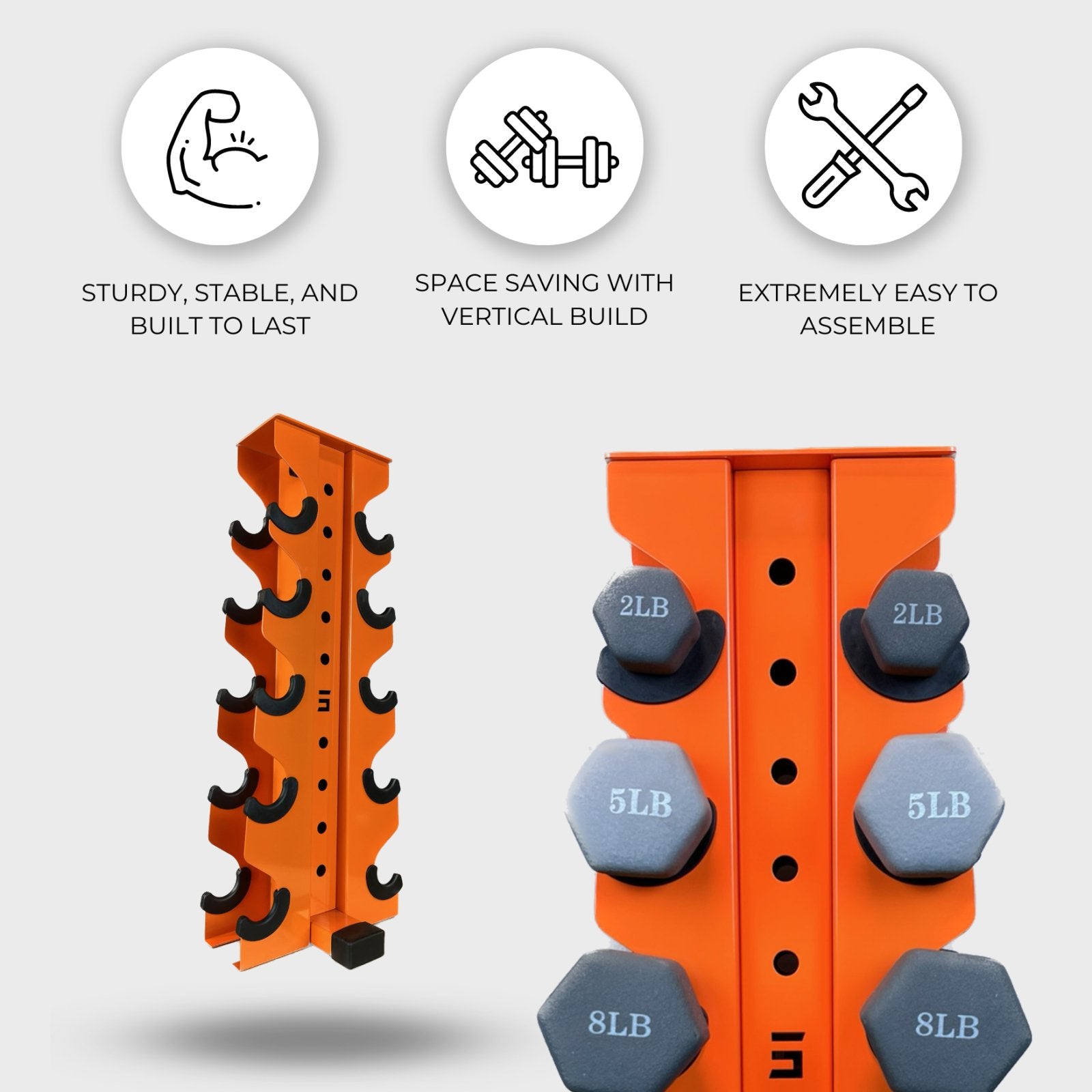 two orange charlie 5-tier vertical dumbbell storage racks, one loaded with neoprene dumbbells and one empty, with text reading "sturdy, stable, and built to last", "space saving with vertical build", "extremely easy to assemble"