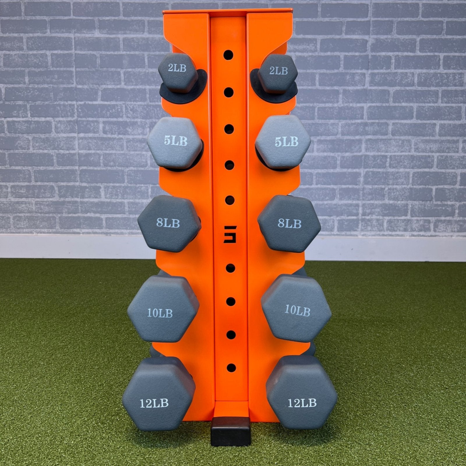 orange charlie 5-tier vertical dumbbell storage rack loaded with neoprene dumbbells