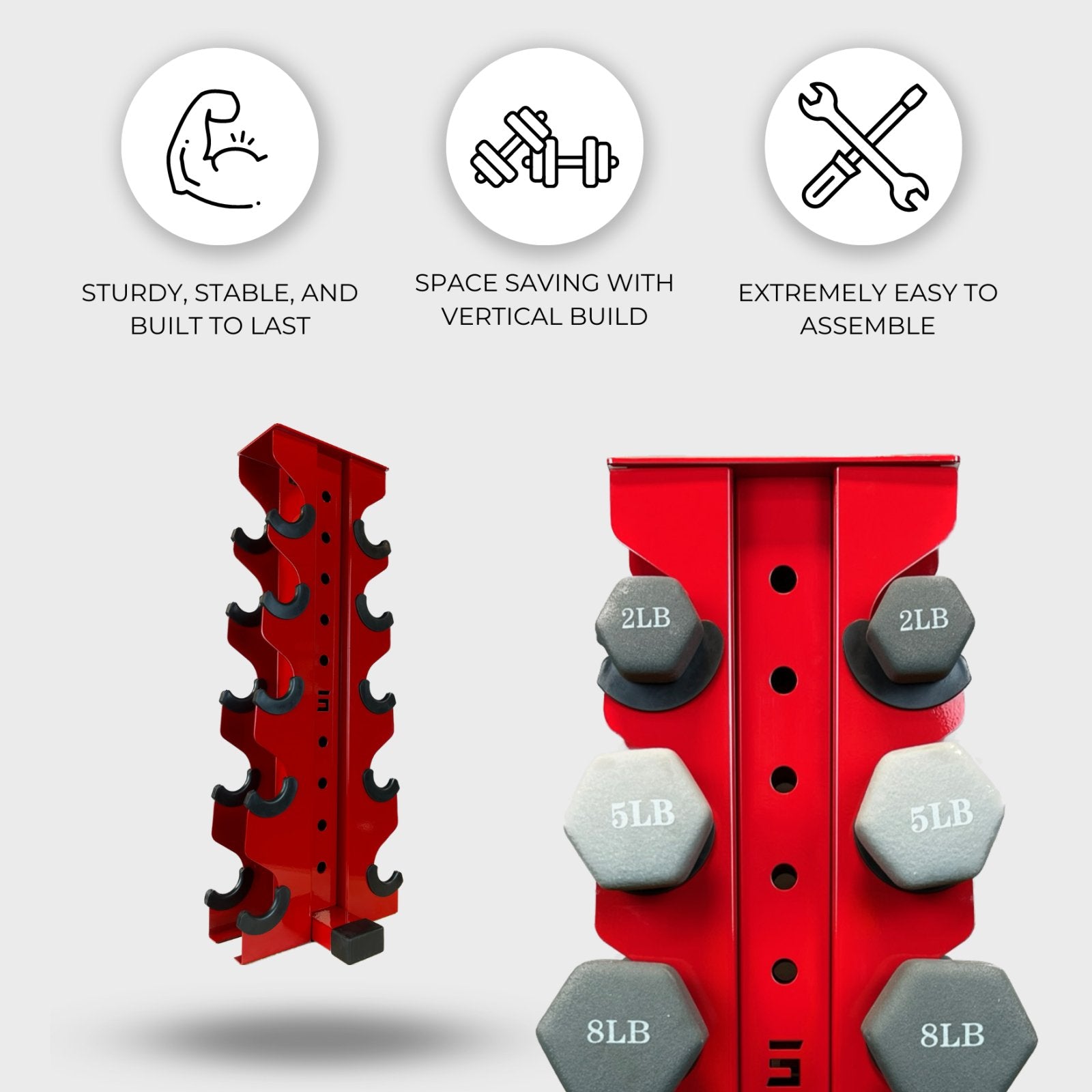 two red charlie 5-tier vertical dumbbell storage racks, one loaded with neoprene dumbbells and one empty, with text reading "sturdy, stable, and built to last", "space saving with vertical build", "extremely easy to assemble"