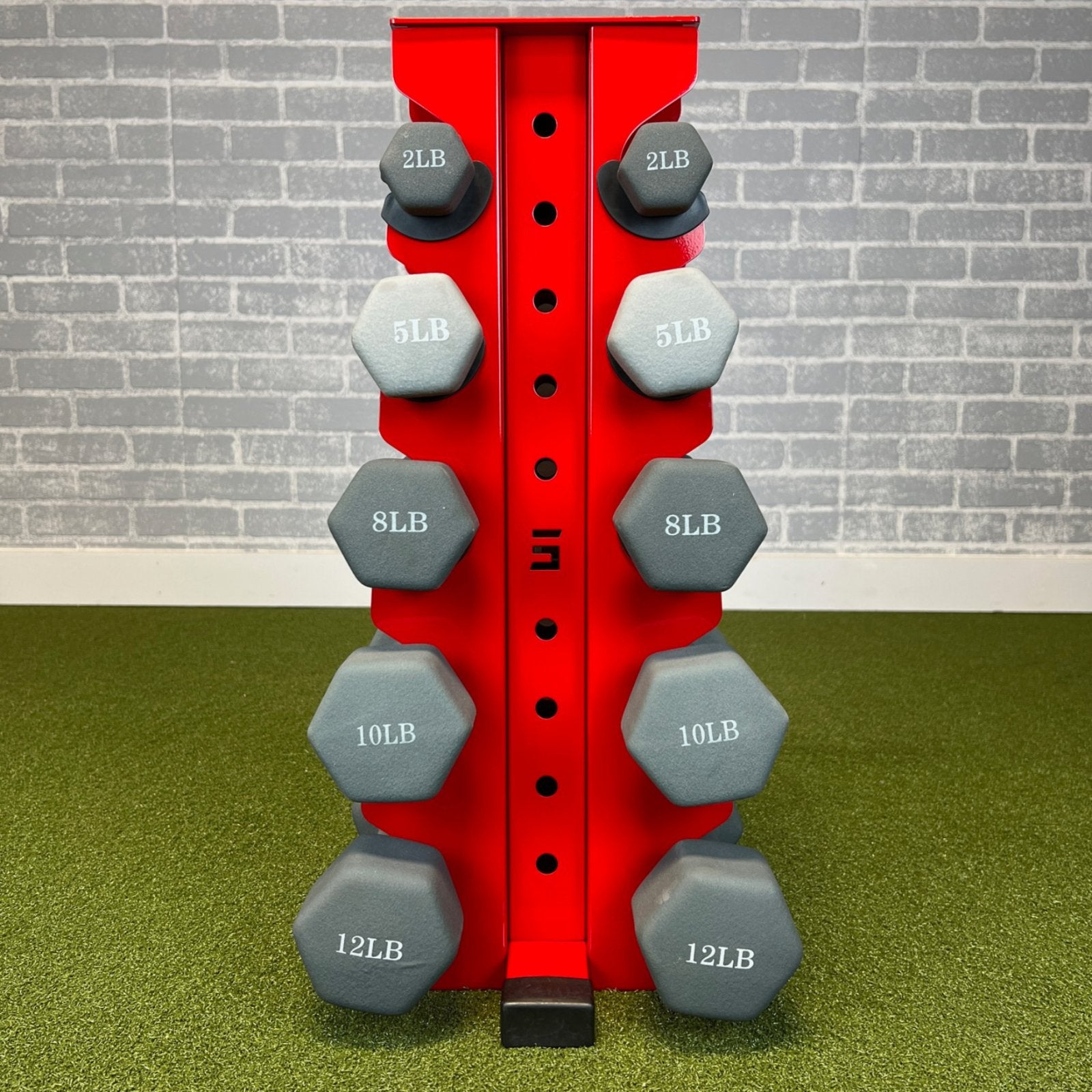 red charlie 5-tier vertical dumbbell storage rack loaded with neoprene dumbbells