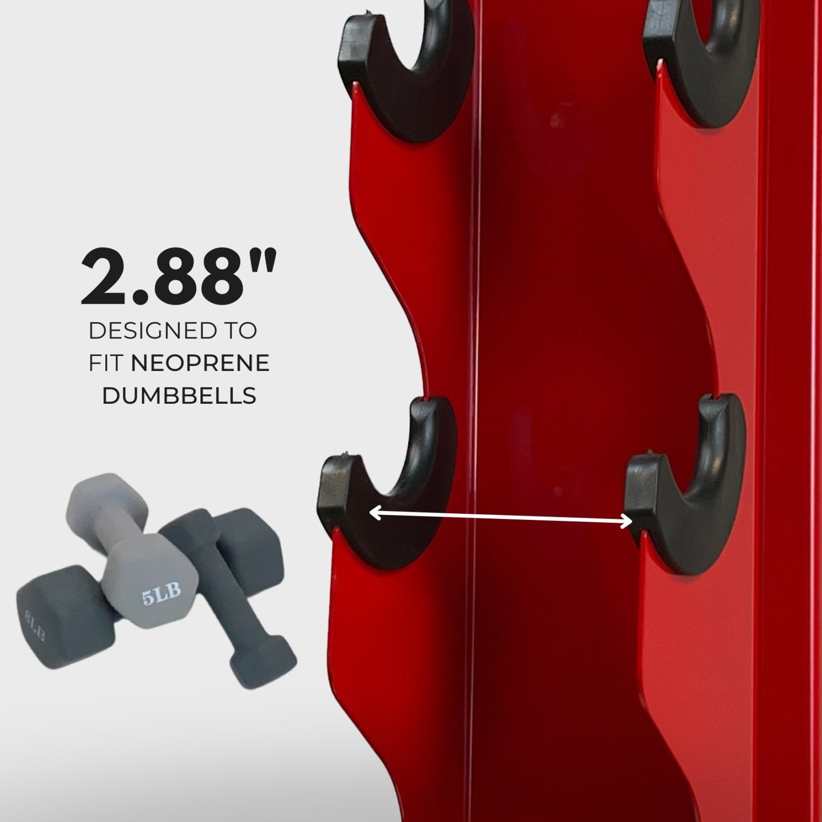 red charlie 5-tier vertical dumbbell storage rack and a stack of neoprene dumbbells with text reading "2.88 inches: designed to fit neoprene dumbbells" with an arrow indicating the distance between tiers