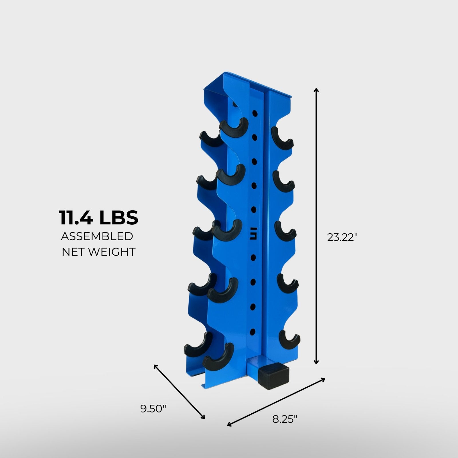 synergy blue charlie 5-tier vertical dumbbell storage rack and its product dimensions