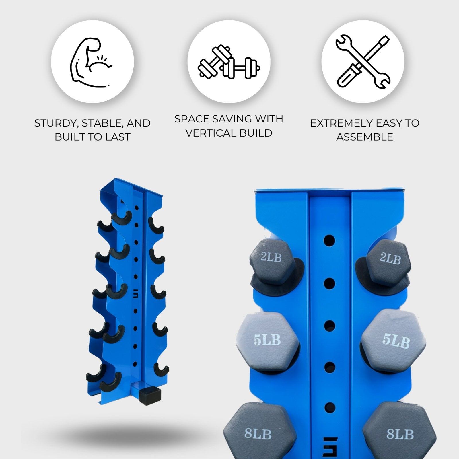 two synergy blue charlie 5-tier vertical dumbbell storage racks, one loaded with neoprene dumbbells and one empty, with text reading "sturdy, stable, and built to last", "space saving with vertical build", "extremely easy to assemble"