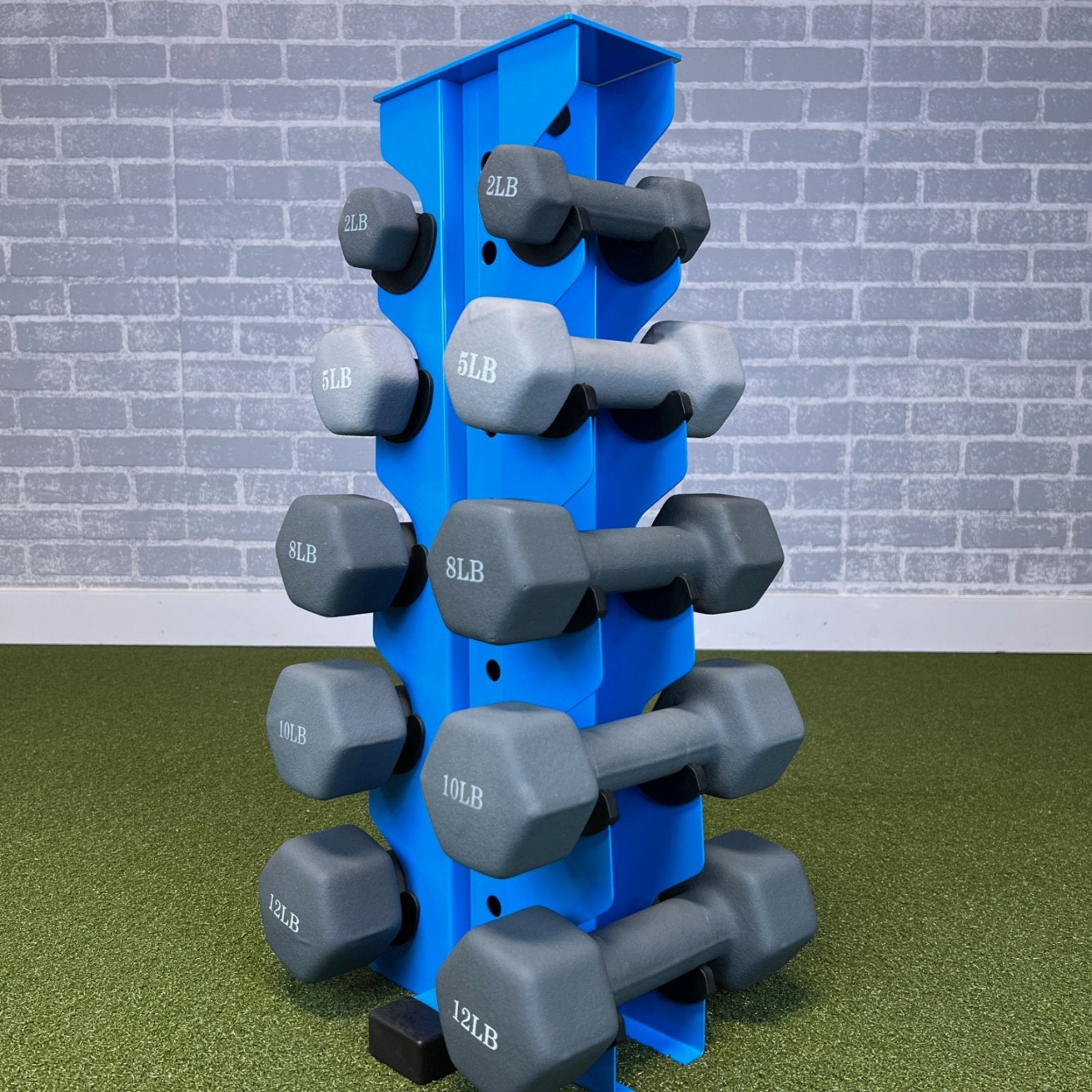 synergy blue charlie 5-tier vertical dumbbell storage rack loaded with neoprene dumbbells