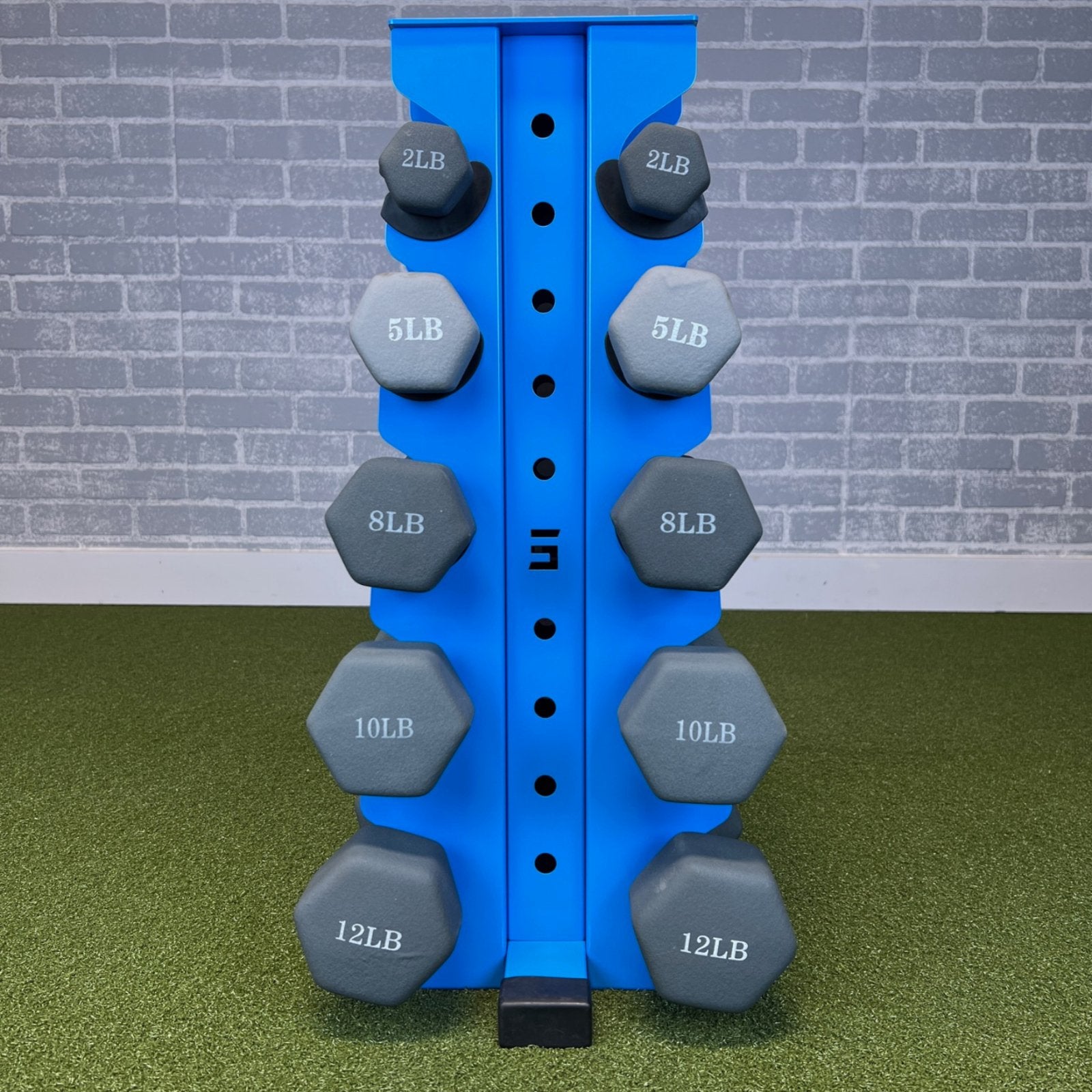 synergy blue charlie 5-tier vertical dumbbell storage rack loaded with neoprene dumbbells