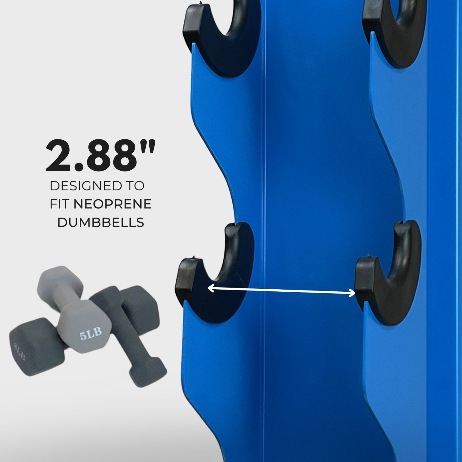 synergy blue charlie 5-tier vertical dumbbell storage rack and a stack of neoprene dumbbells with text reading "2.88 inches: designed to fit neoprene dumbbells" with an arrow indicating the distance between tiers