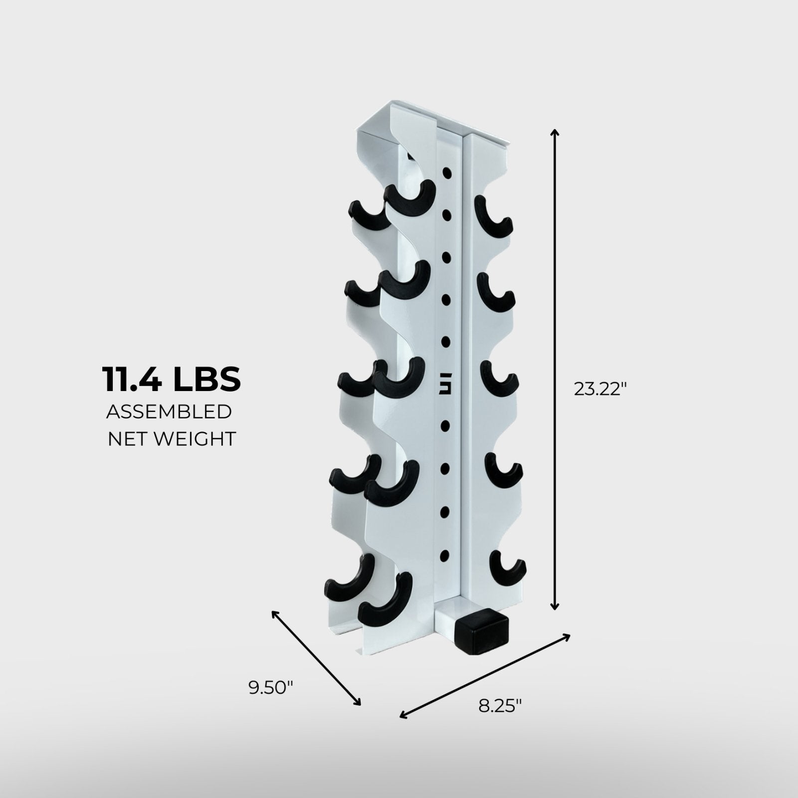 white charlie 5-tier vertical dumbbell storage rack and its product dimensions