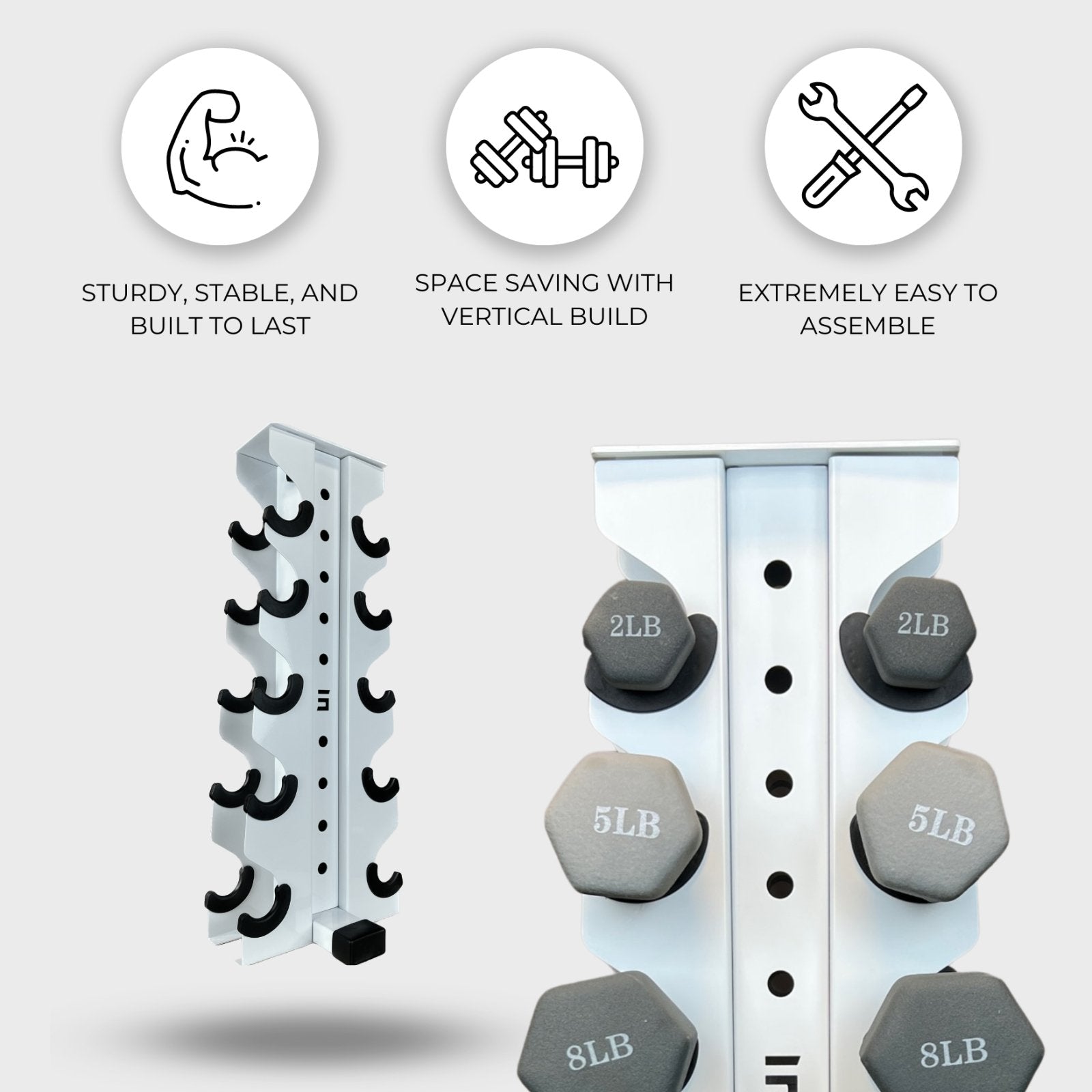 two white charlie 5-tier vertical dumbbell storage racks, one loaded with neoprene dumbbells and one empty, with text reading "sturdy, stable, and built to last", "space saving with vertical build", "extremely easy to assemble"