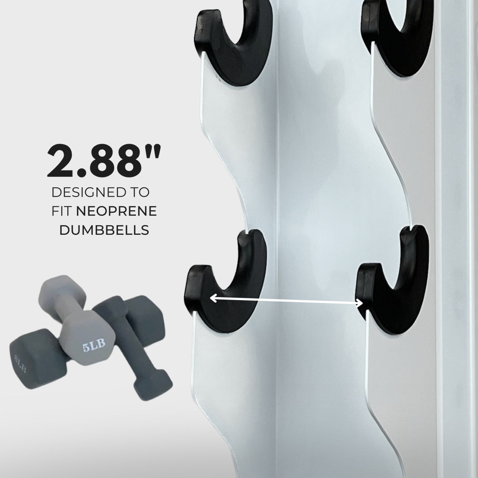 white charlie 5-tier vertical dumbbell storage rack and a stack of neoprene dumbbells with text reading "2.88 inches: designed to fit neoprene dumbbells" with an arrow indicating the distance between tiers