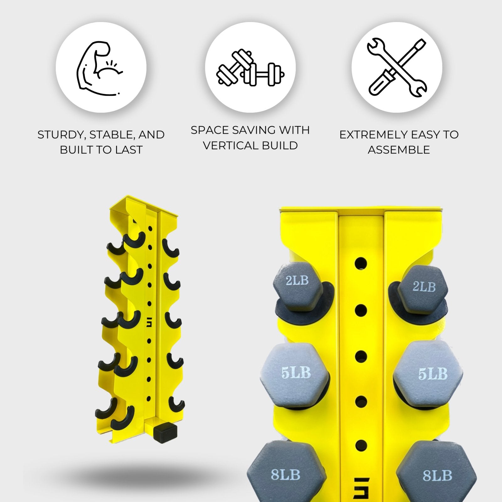 two yellow charlie 5-tier vertical dumbbell storage racks, one loaded with neoprene dumbbells and one empty, with text reading "sturdy, stable, and built to last", "space saving with vertical build", "extremely easy to assemble"