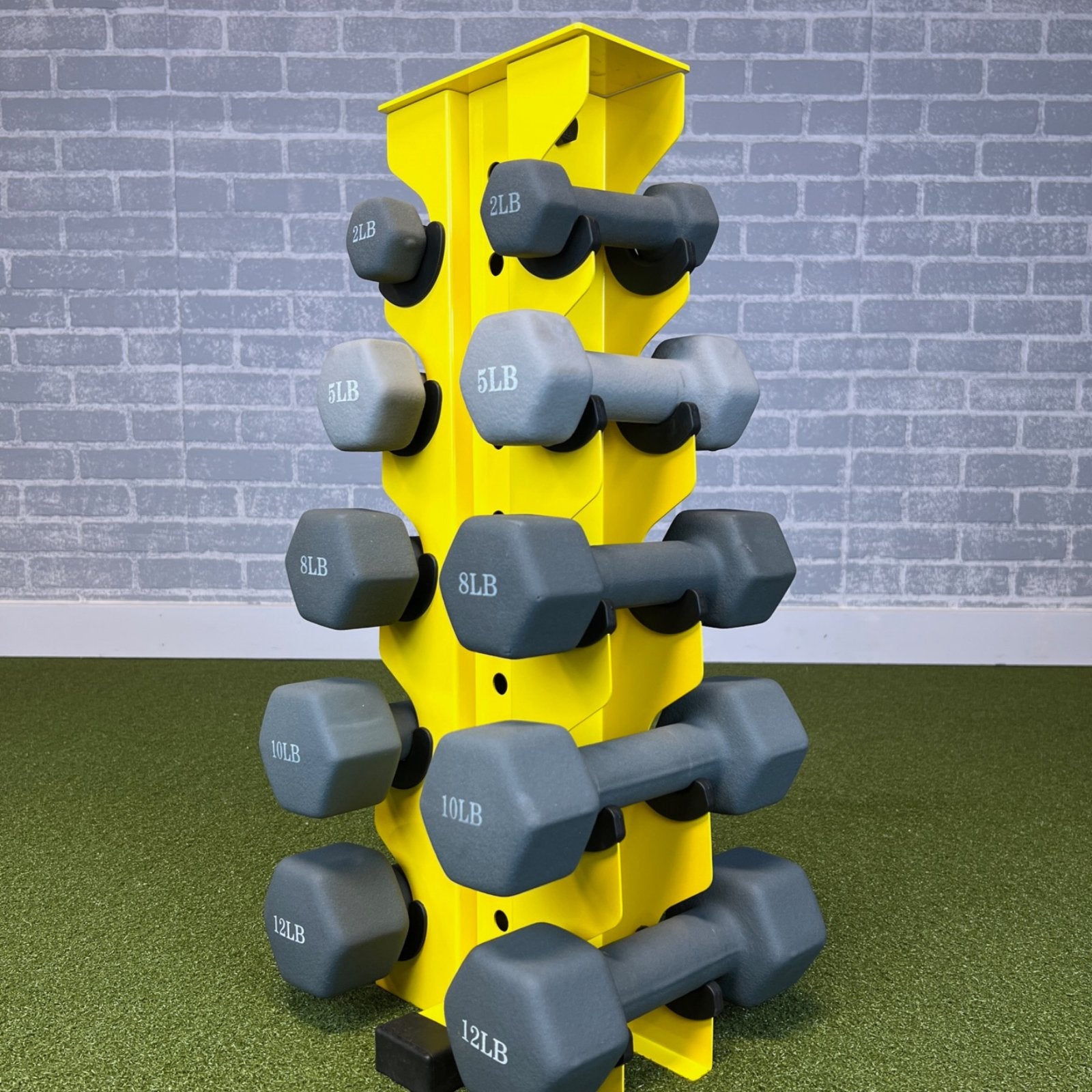 yellow charlie 5-tier vertical dumbbell storage rack loaded with neoprene dumbbells