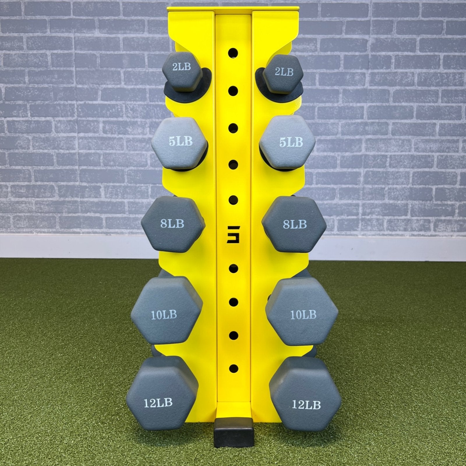 yellow charlie 5-tier vertical dumbbell storage rack loaded with neoprene dumbbells