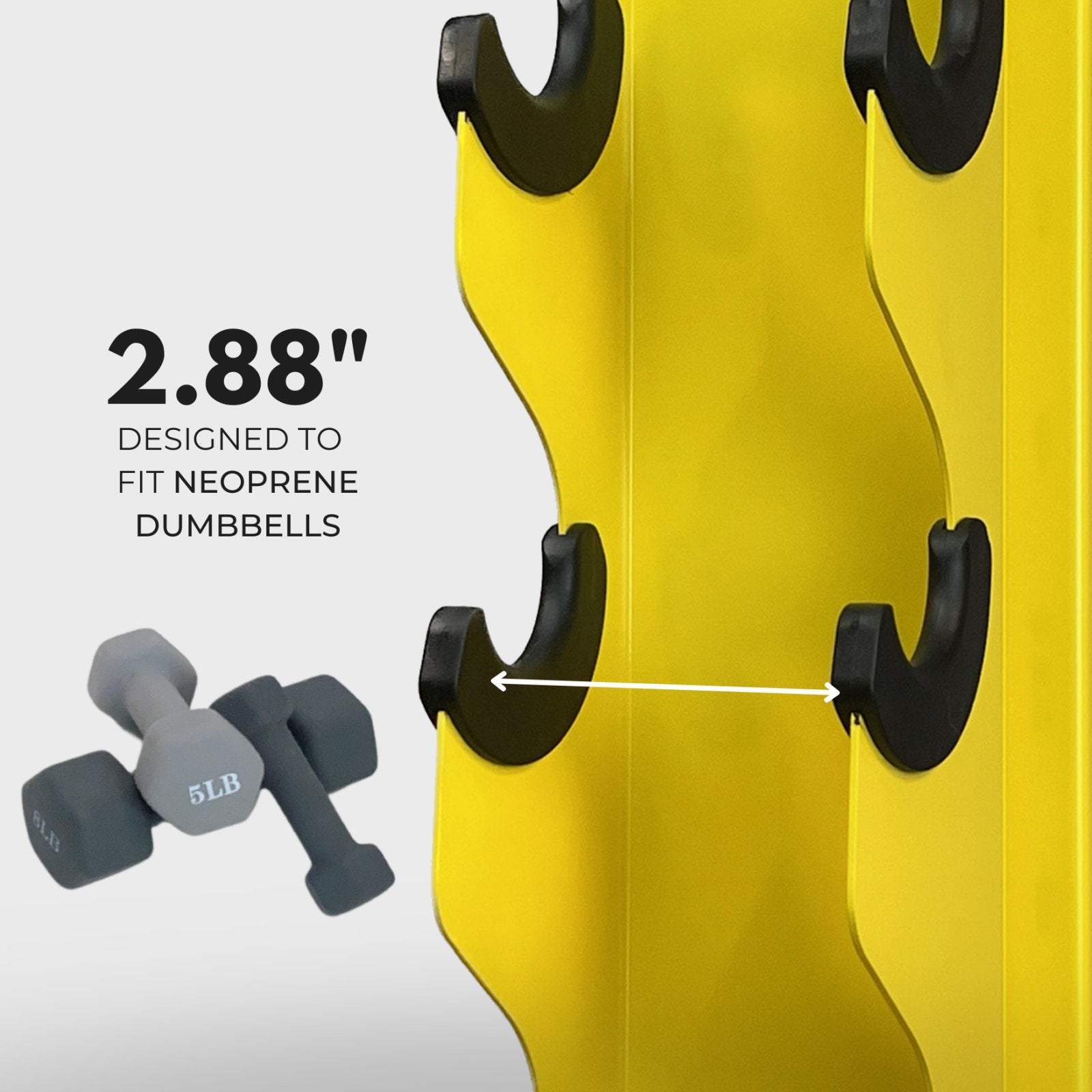 yellow charlie 5-tier vertical dumbbell storage rack and a stack of neoprene dumbbells with text reading "2.88 inches: designed to fit neoprene dumbbells" with an arrow indicating the distance between tiers